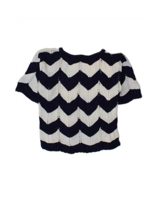 Vintage Boat Neck Jumper Sweater UK 12 Medium In Blue Chevron