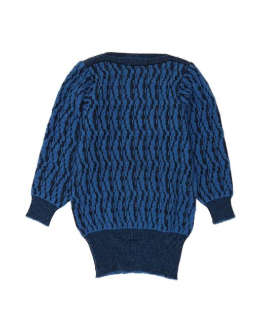 Vintage Boat Neck Jumper Sweater UK 12 Medium In Blue Geometric