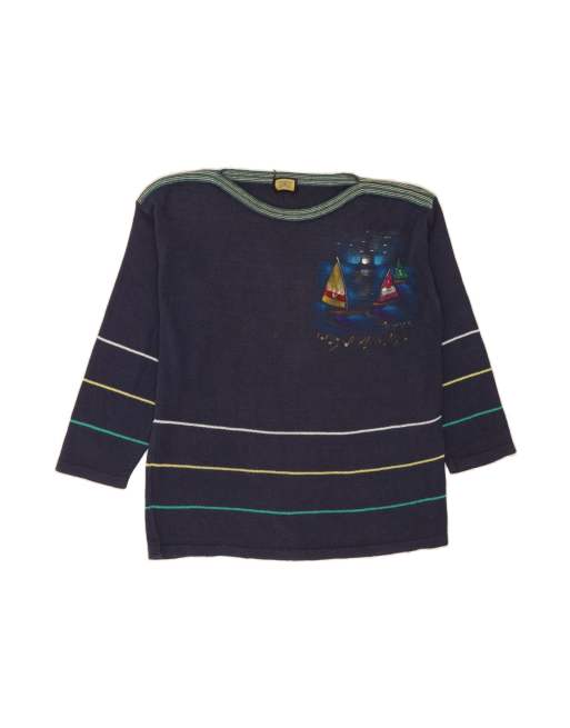 Vintage Boat Neck Jumper Sweater UK 12 Medium In Blue Striped