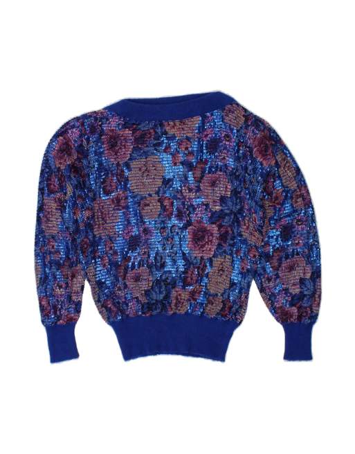 Vintage Boat Neck Jumper Sweater UK 14 Large In Blue Floral