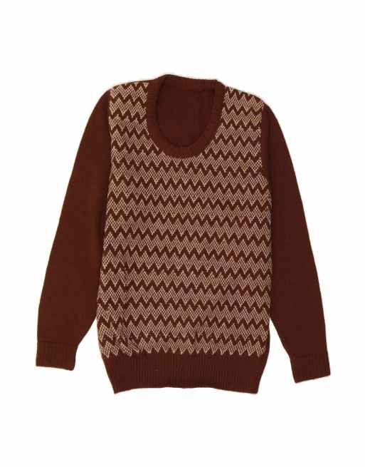 Vintage Boat Neck Jumper Sweater UK 14 Large In Brown Chevron