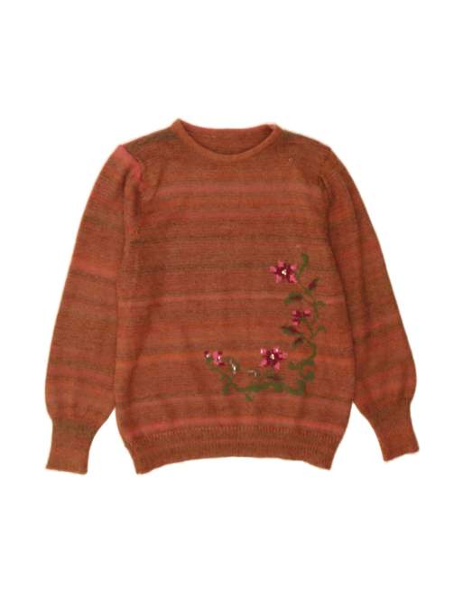 Vintage Boat Neck Jumper Sweater UK 14 Large In Brown Floral