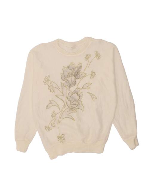 Vintage Boat Neck Jumper Sweater UK 14 Large In Off In White Floral