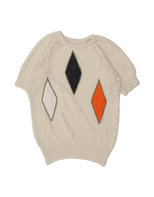 Vintage Boat Neck Jumper Sweater UK 14 Large In White Argyle/diamond