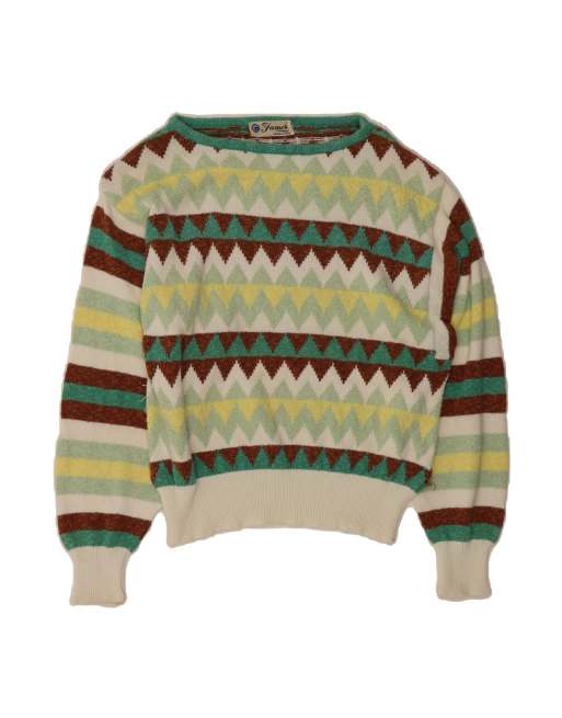 Vintage Boat Neck Jumper Sweater UK 14 Medium In Green Chevron