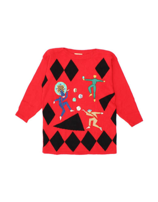 Vintage Boat Neck Jumper Sweater UK 14 Medium In Red Geometric