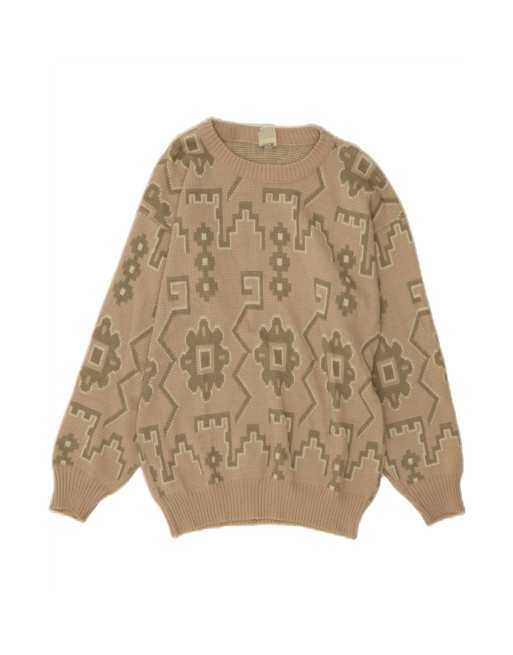 Vintage Boat Neck Jumper Sweater UK 16 Large In Beige Geometric