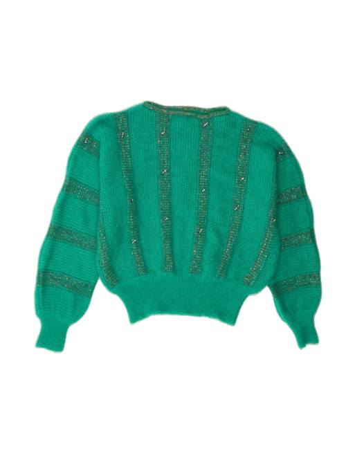 Vintage Boat Neck Jumper Sweater UK 16 Large In Green Striped