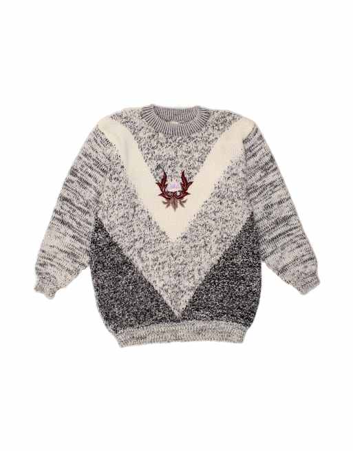 Vintage Boat Neck Jumper Sweater UK 16 Large In Grey Colourblock