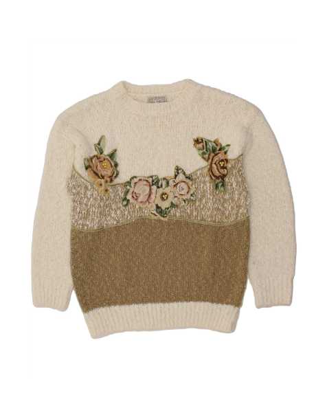 Vintage Boat Neck Jumper Sweater UK 16 Large In White Floral - view 1