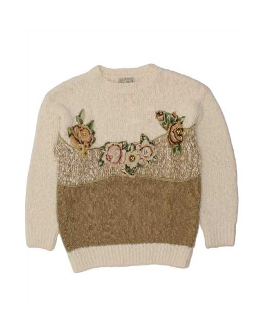 Vintage Boat Neck Jumper Sweater UK 16 Large In White Floral