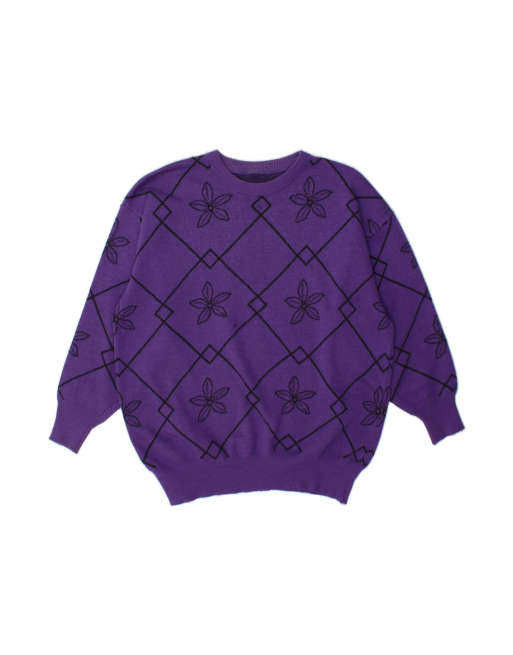 Vintage Boat Neck Jumper Sweater UK 18 XL In Purple Floral