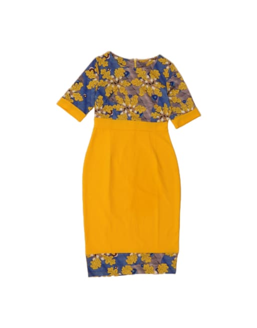 Vintage Bodycon Dress UK 12 Medium In Yellow Floral