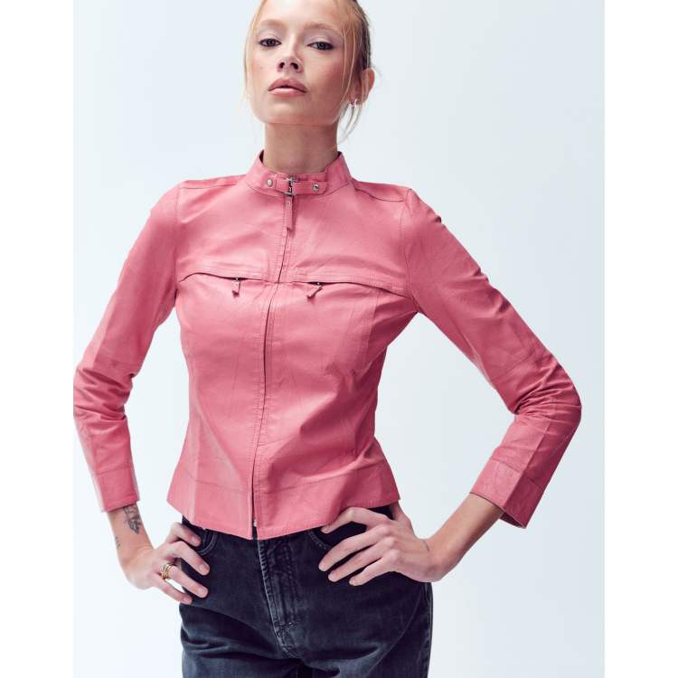Vintage Burberry Blue Label zip up leather jacket size s in pink