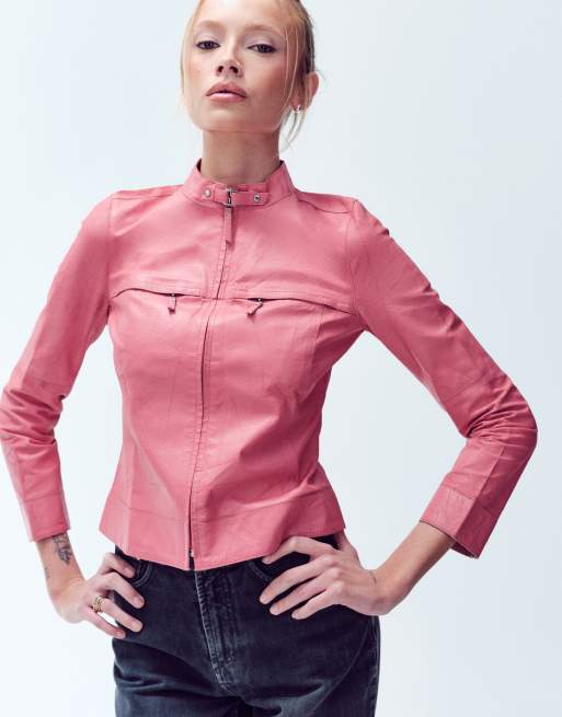 Vintage Burberry Blue Label zip up leather jacket size s in pink