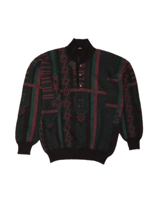 Vintage Button Neck Jumper Sweater Medium In Black Floral Wool