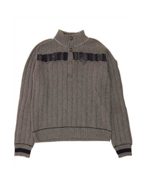 Vintage Button Neck Jumper Sweater Medium In Grey Wool
