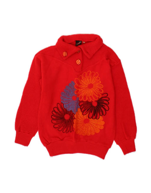 Vintage Button Neck Jumper Sweater UK 14 Large In Red Floral