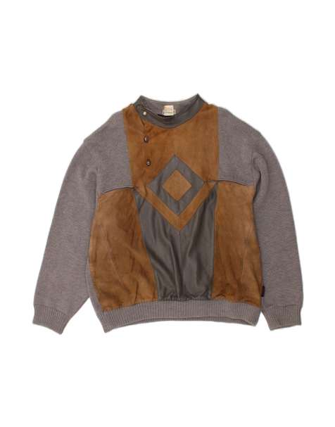 Vintage Button Neck Jumper Sweater XL In Grey Patchwork - view 1