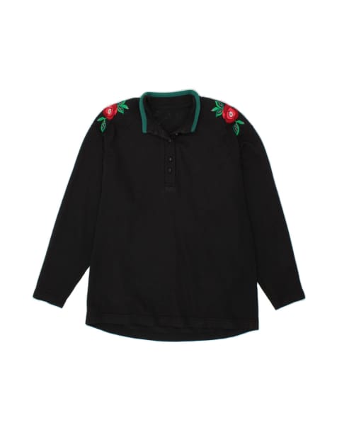 Vintage Button Neck Sweatshirt Jumper UK 16 Large In Black Floral - view 1