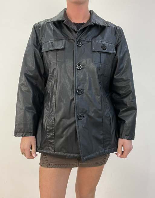Vintage button up faux leather jacket in black