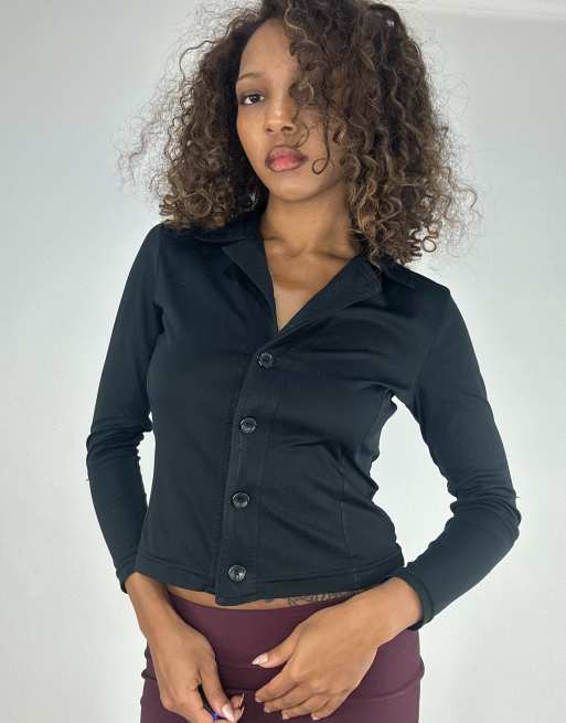 Vintage button up long sleeve top in black