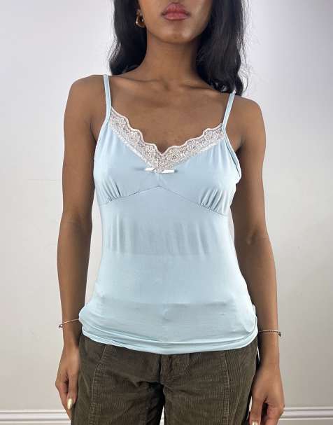 Vintage cami top with lace trim in baby blue - view 1