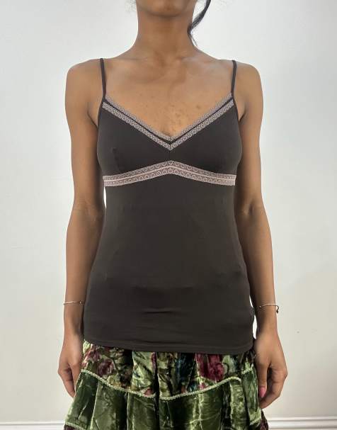 Vintage cami top with lace trim in brown - view 1