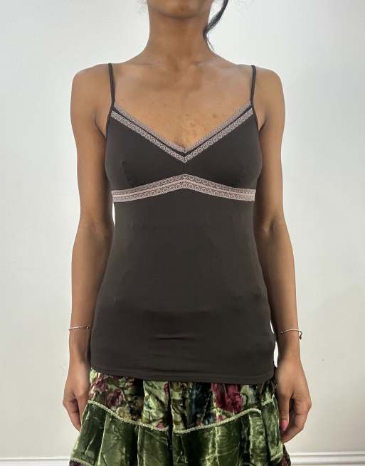 Vintage cami top with lace trim in brown