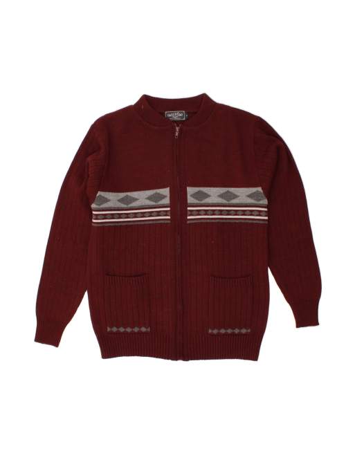 Vintage Cardigan Sweater Large In Burgundy Argyle/diamond