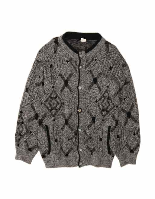 Vintage Cardigan Sweater Large In Grey Argyle/diamond