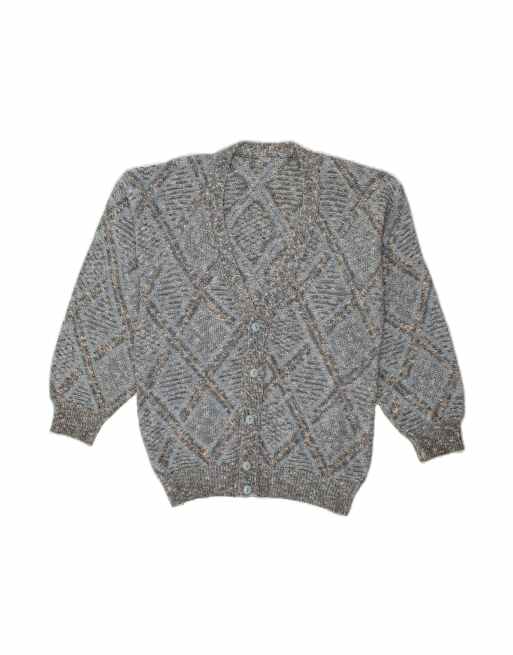 Vintage Cardigan Sweater Large In Grey Argyle/diamond