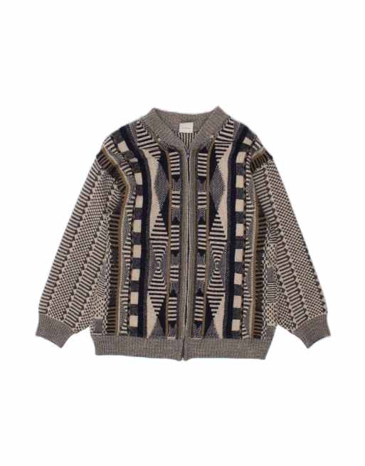 Vintage Cardigan Sweater Large In Grey Geometric