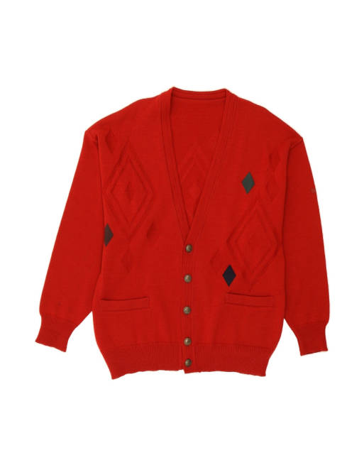 Vintage Cardigan Sweater Large In Red Argyle/diamond
