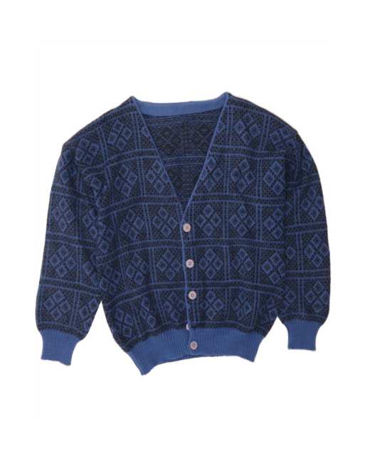 Vintage Cardigan Sweater Medium In Blue Argyle/diamond Wool