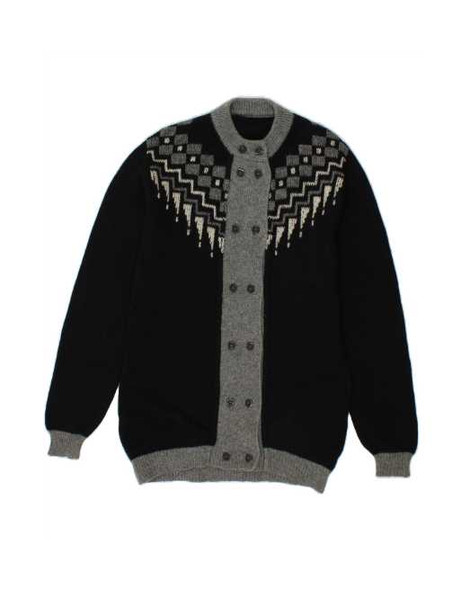 Vintage Cardigan Sweater UK 12 Medium In Black Fair Isle