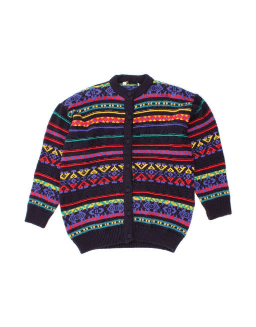Vintage Cardigan Sweater UK 14/16 Large In Blue Fair Isle
