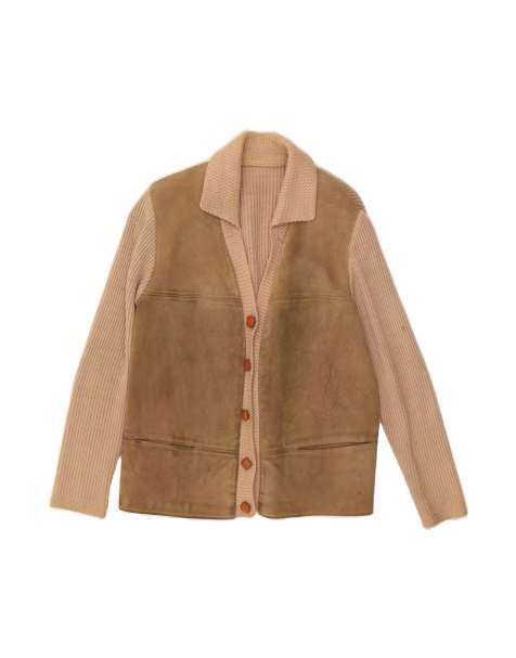 Vintage Cardigan Sweater UK 14 Large In Beige Colourblock - view 1