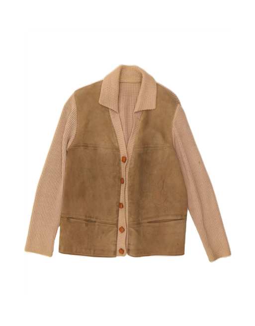 Vintage Cardigan Sweater UK 14 Large In Beige Colourblock