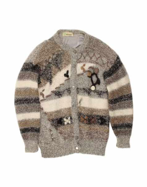 Vintage Cardigan Sweater UK 14 Large In Grey Striped - view 1