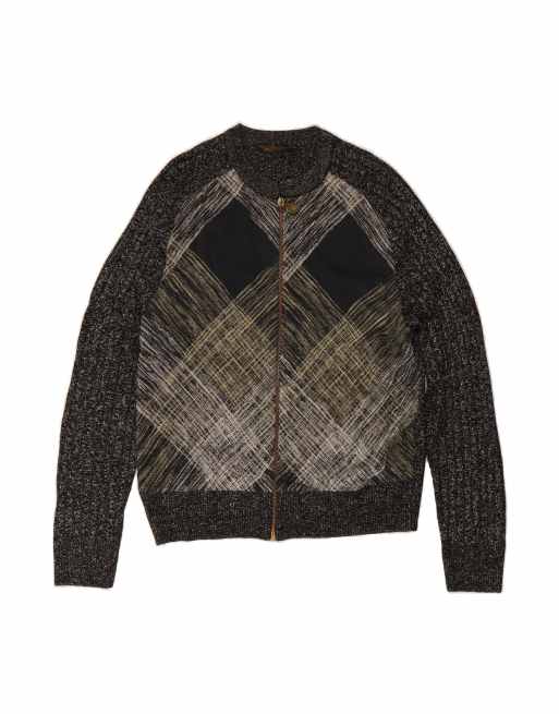 Vintage Cardigan Sweater UK 14 Medium In Black Argyle/diamond