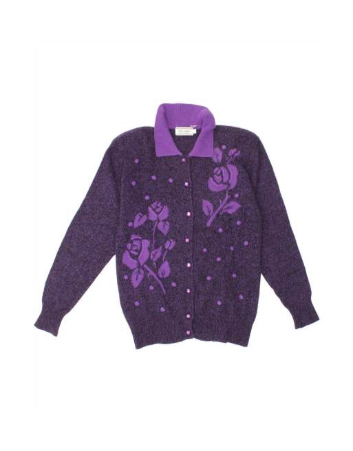 Vintage Cardigan Sweater UK 14 Medium In Purple Floral