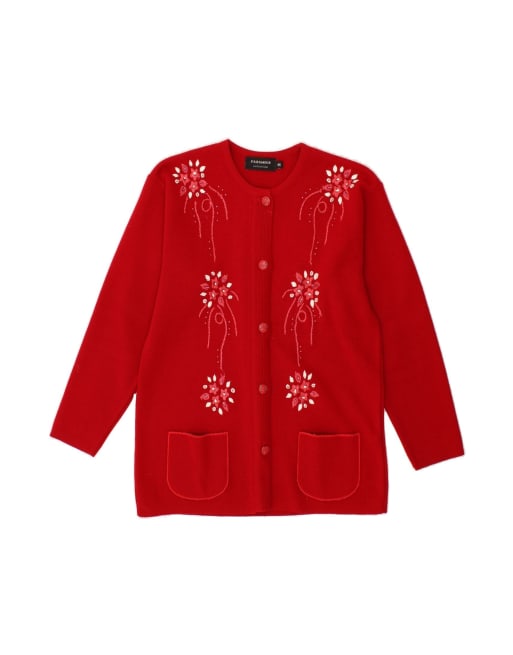 Vintage Cardigan Sweater UK 14 Medium In Red Floral