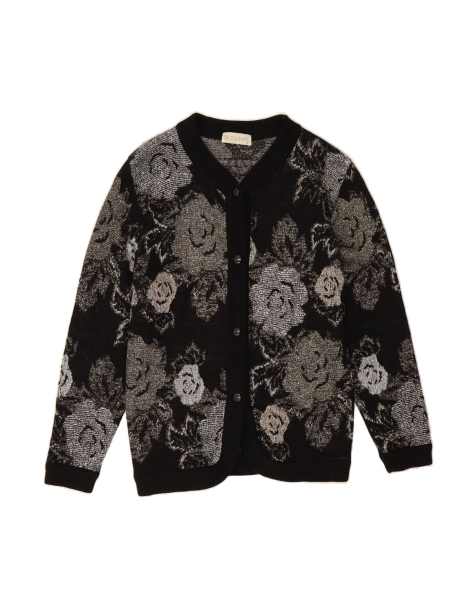 Vintage Cardigan Sweater UK 16 Large In Black Floral Wool - view 1