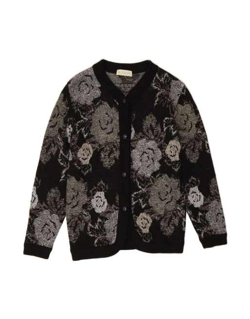 Vintage Cardigan Sweater UK 16 Large In Black Floral Wool