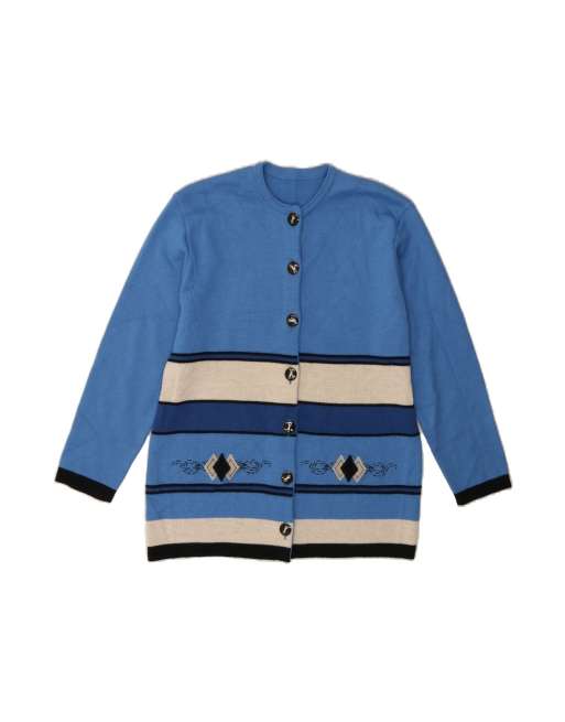 Vintage Cardigan Sweater UK 16 Large In Blue Colourblock Merino Wool