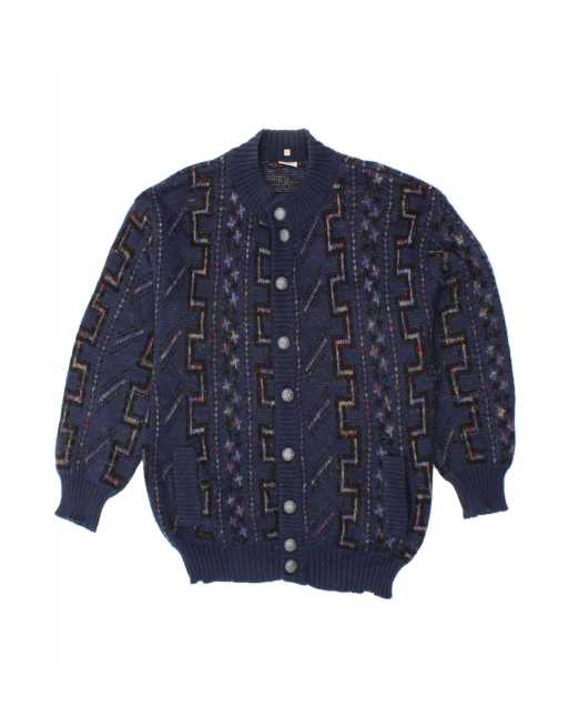 Vintage Cardigan Sweater UK 16 Large In Blue Geometric