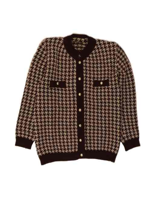 Vintage Cardigan Sweater UK 16 Large In Brown Houndstooth