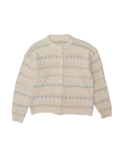 Vintage Cardigan Sweater UK 16 Large In White Fair Isle