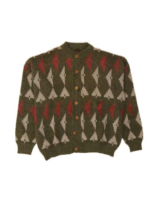 Vintage Cardigan Sweater UK 18 XL In Khaki Geometric Wool